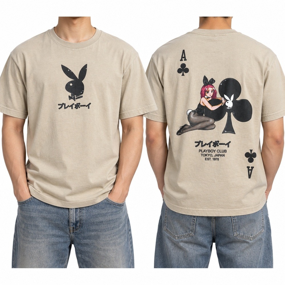 Playboy Color Bars Tokyo Japan Anime Bunny Girl Ace of Clubs Tan T-Shirt Large